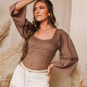 gimmicks by BKE Brown Lace-Front Square Neck Blouse